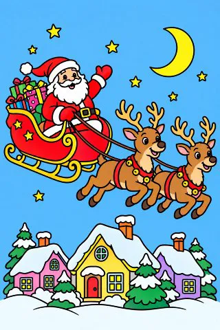 Santa’s Sleigh Over the Rooftops coloring page, colored in