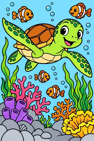 Sea Turtle on a Coral Reef coloring page, colored in