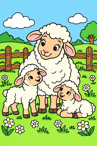 Sheep and Lambs in the Meadow coloring page, colored in