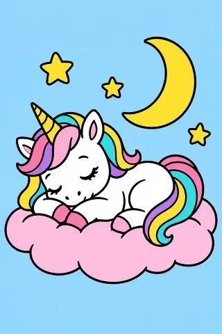 Sleepy Unicorn on a Cloud coloring page, colored in