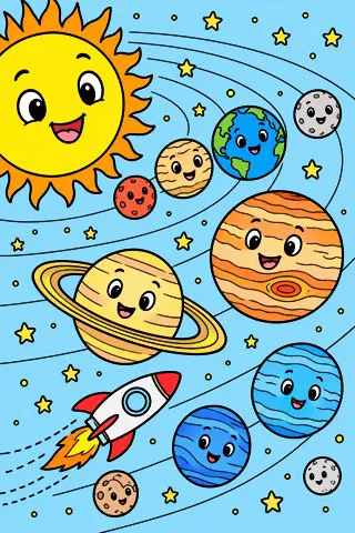 Planets of the Solar System coloring page, colored in