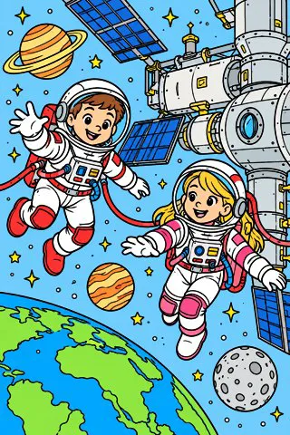 Astronauts at the Space Station coloring page, colored in