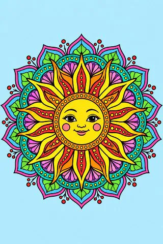 Sun Mandala coloring page, colored in