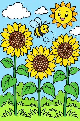 Sunflowers and a Bee coloring page, colored in