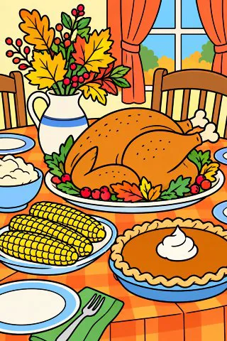 Thanksgiving Dinner Table coloring page, colored in