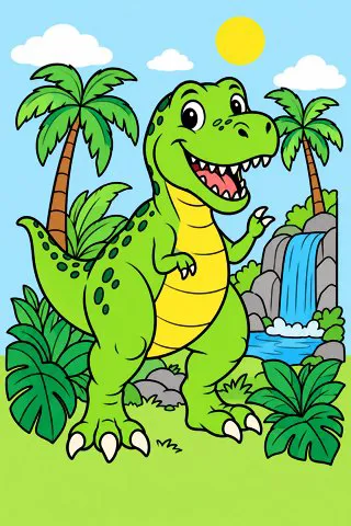 T-Rex in the Jungle coloring page, colored in