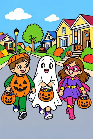 Kids Trick-or-Treating coloring page, colored in