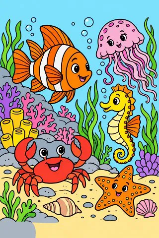 Under the Sea with Fish and Crabs coloring page, colored in