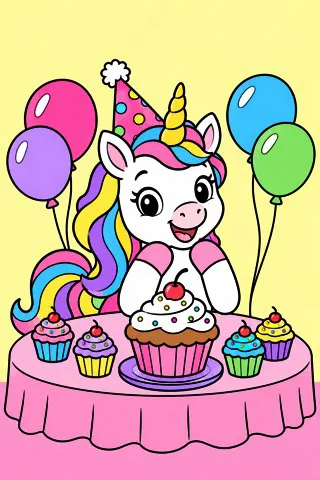 Unicorn Cupcake Party coloring page, colored in
