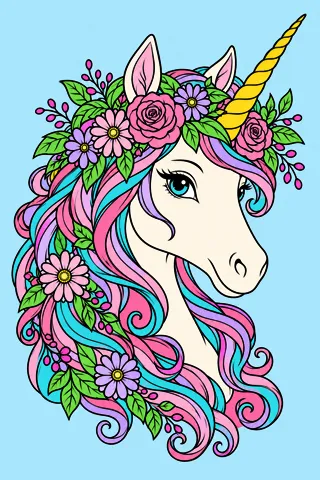 Unicorn with a Flower Crown coloring page, colored in
