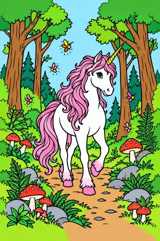 Unicorn in the Enchanted Forest coloring page, colored in