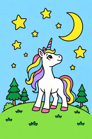 Unicorn Under the Stars coloring page, colored in