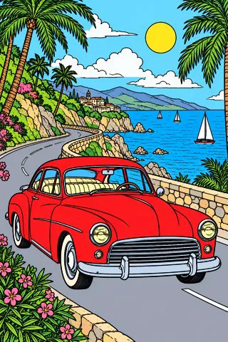 Vintage Car on a Coastal Road coloring page, colored in