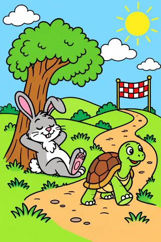 The Tortoise and the Hare coloring page, colored in
