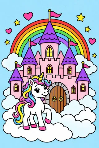 Unicorn Castle in the Clouds coloring page, colored in