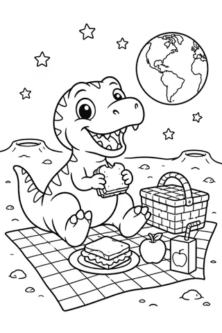 Baby Dinosaur Picnic on the Moon coloring page