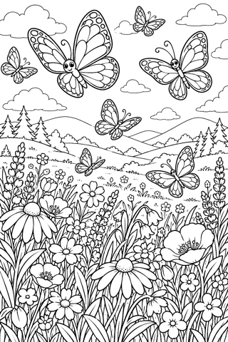 Butterflies over a Wildflower Meadow coloring page