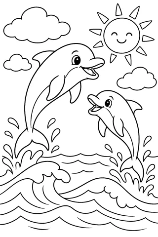 Dolphins Jumping over the Waves coloring page