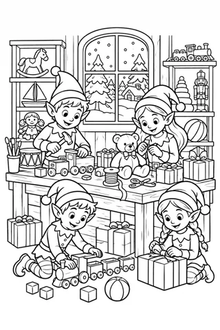 Elves in Santa’s Workshop coloring page