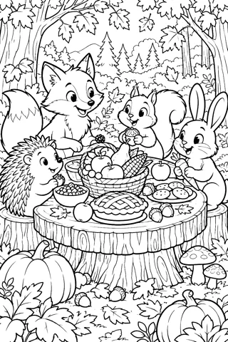 Forest Animals Sharing a Harvest Feast coloring page