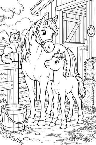 Horse and Foal at the Stable coloring page