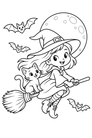Little Witch on a Broom coloring page