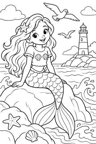 Mermaid on a Rock by the Sea coloring page