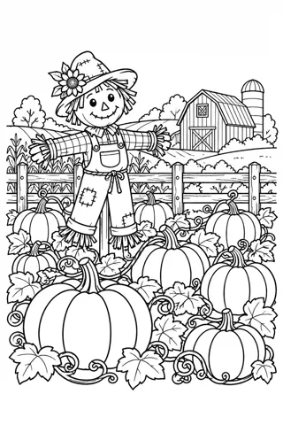Pumpkin Patch with a Scarecrow coloring page