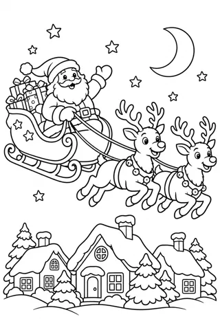 Santa’s Sleigh Over the Rooftops coloring page