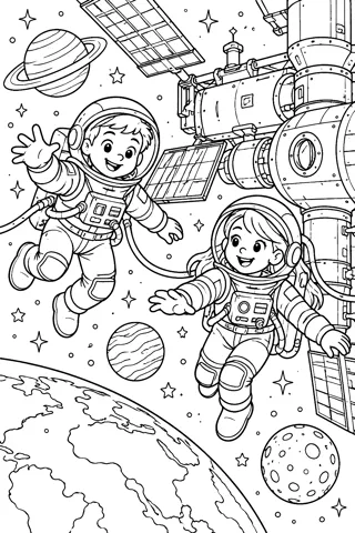 Astronauts at the Space Station coloring page