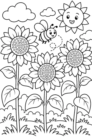 Sunflowers and a Bee coloring page