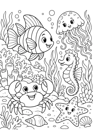 Under the Sea with Fish and Crabs coloring page