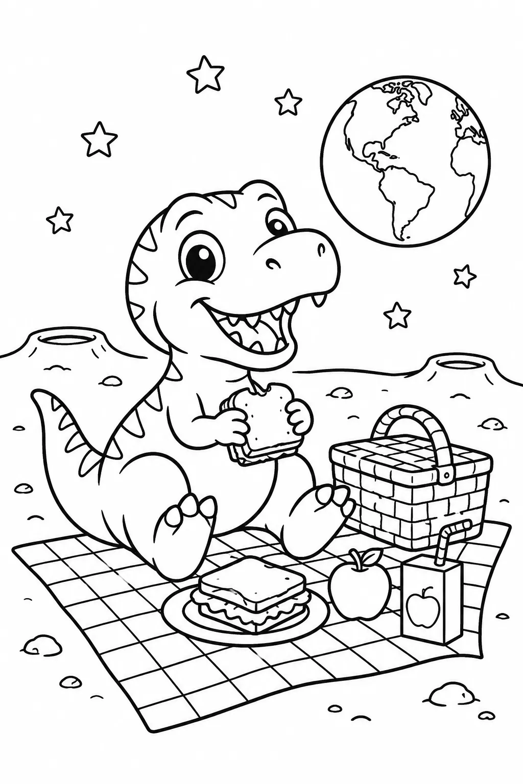 Baby Dinosaur Picnic on the Moon Coloring Page