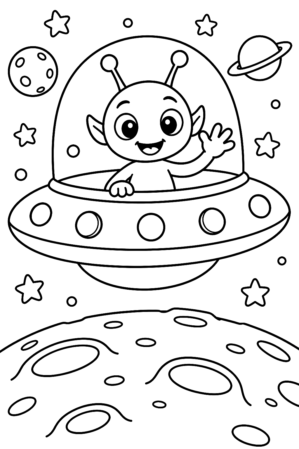 Friendly Alien in a Flying Saucer Coloring Page