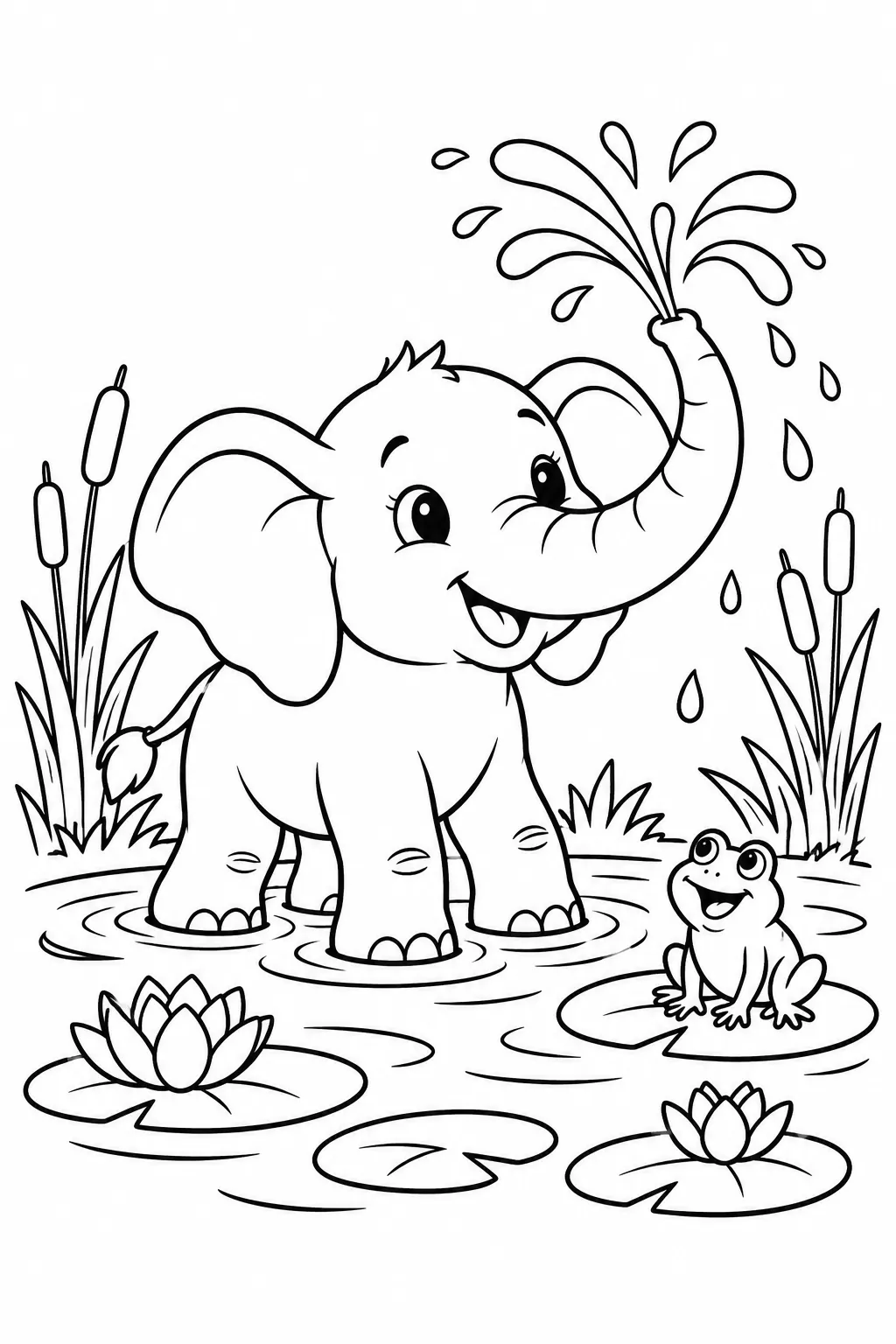 Baby Elephant Splashing in a Pond Coloring Page