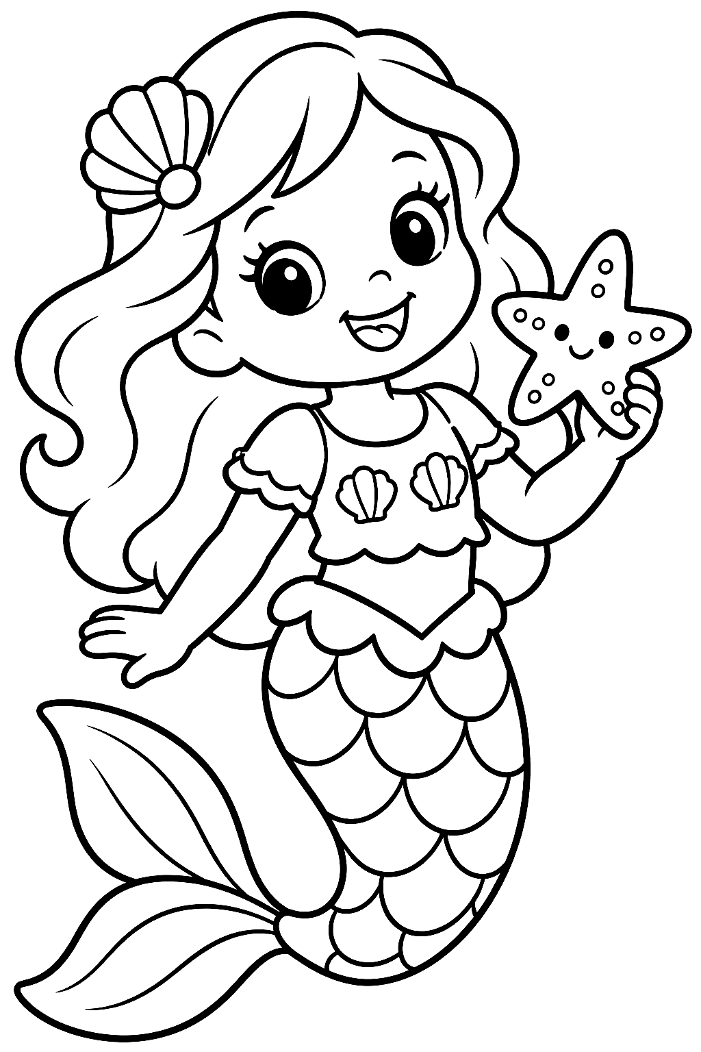 Baby Mermaid with a Starfish Coloring Page