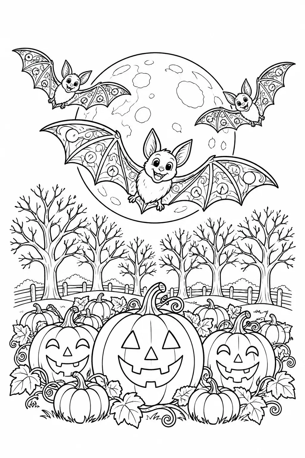 Bats Under the Full Moon Coloring Page