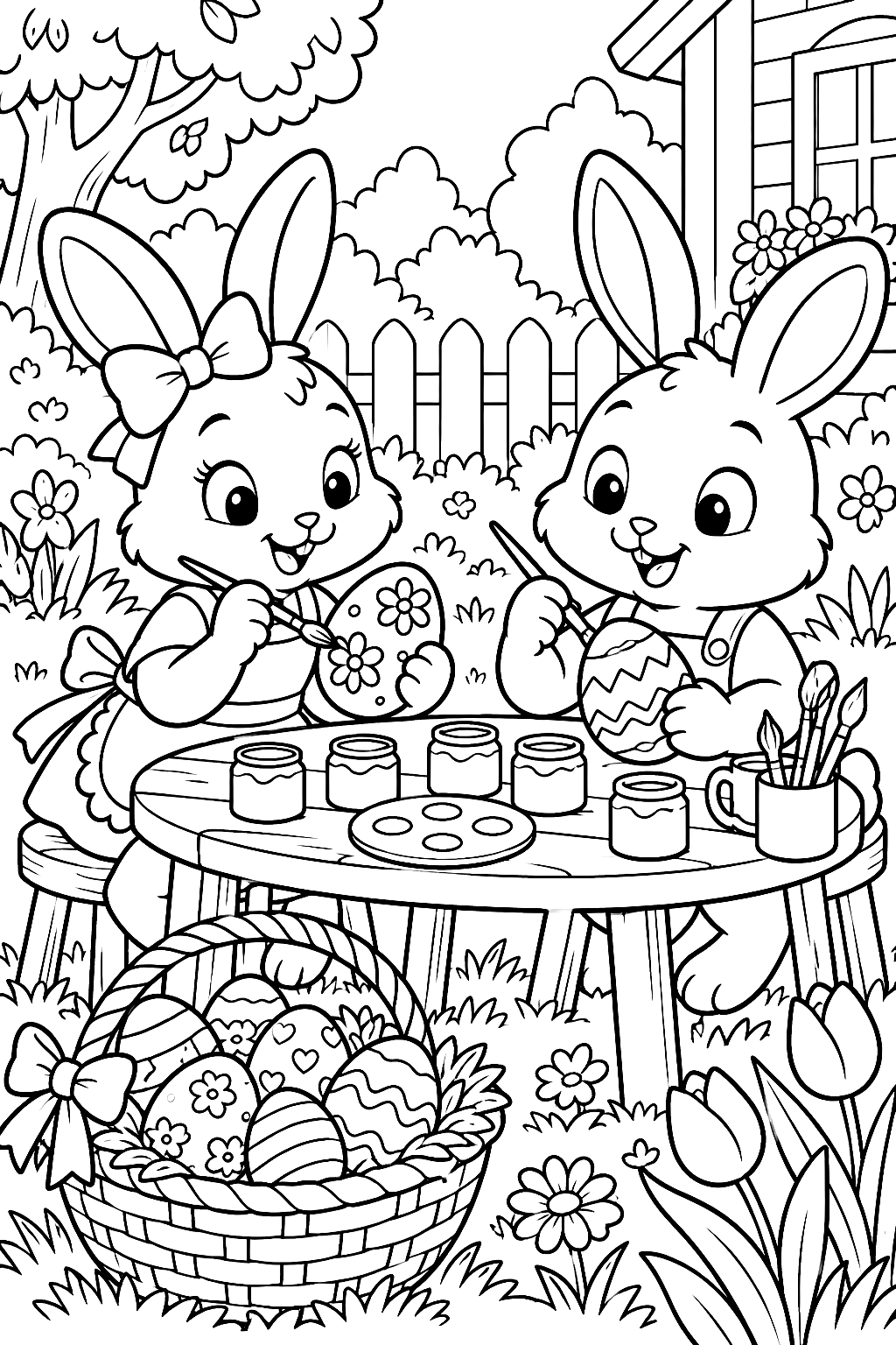 Bunnies Painting Easter Eggs Coloring Page
