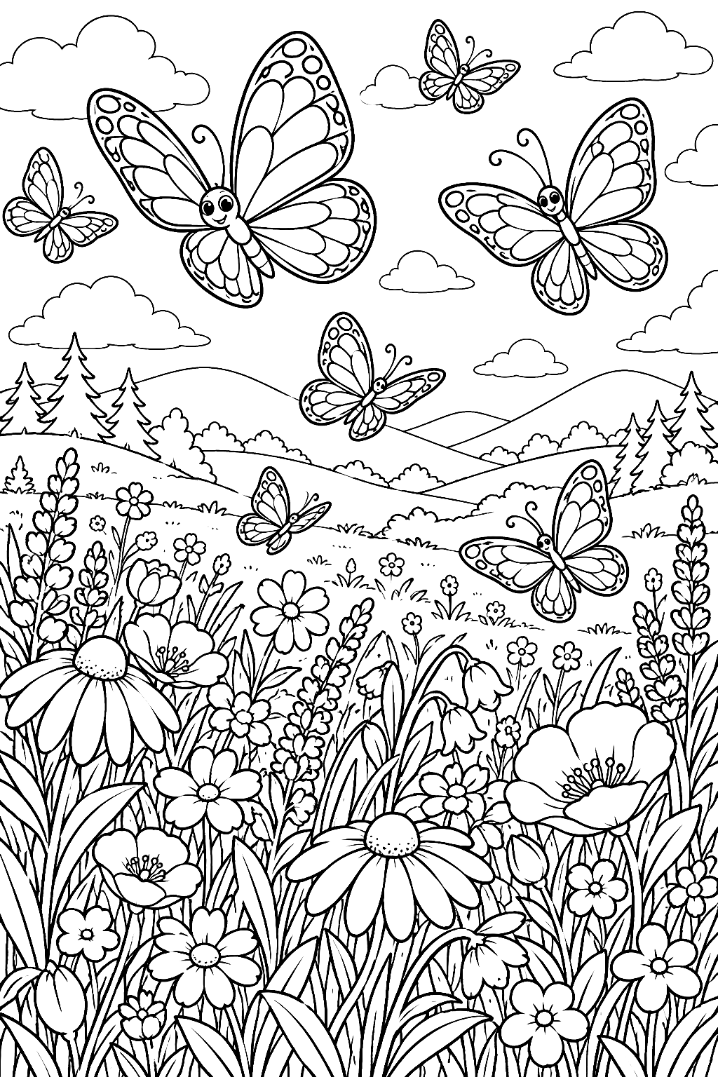 Butterflies over a Wildflower Meadow Coloring Page