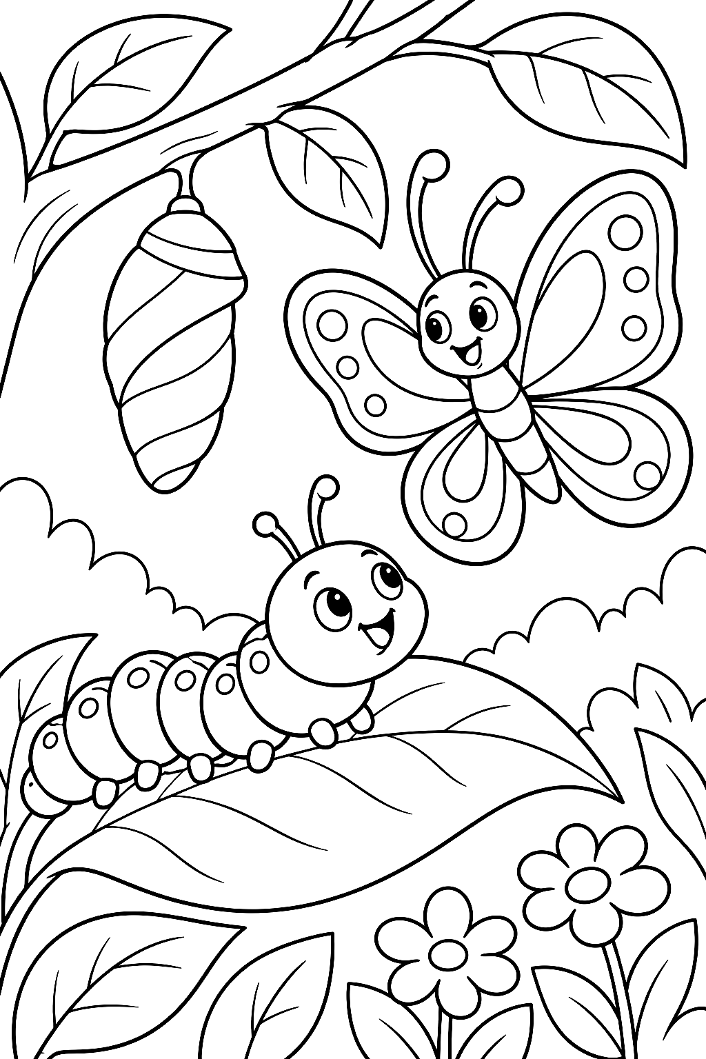 Caterpillar and Butterfly Coloring Page