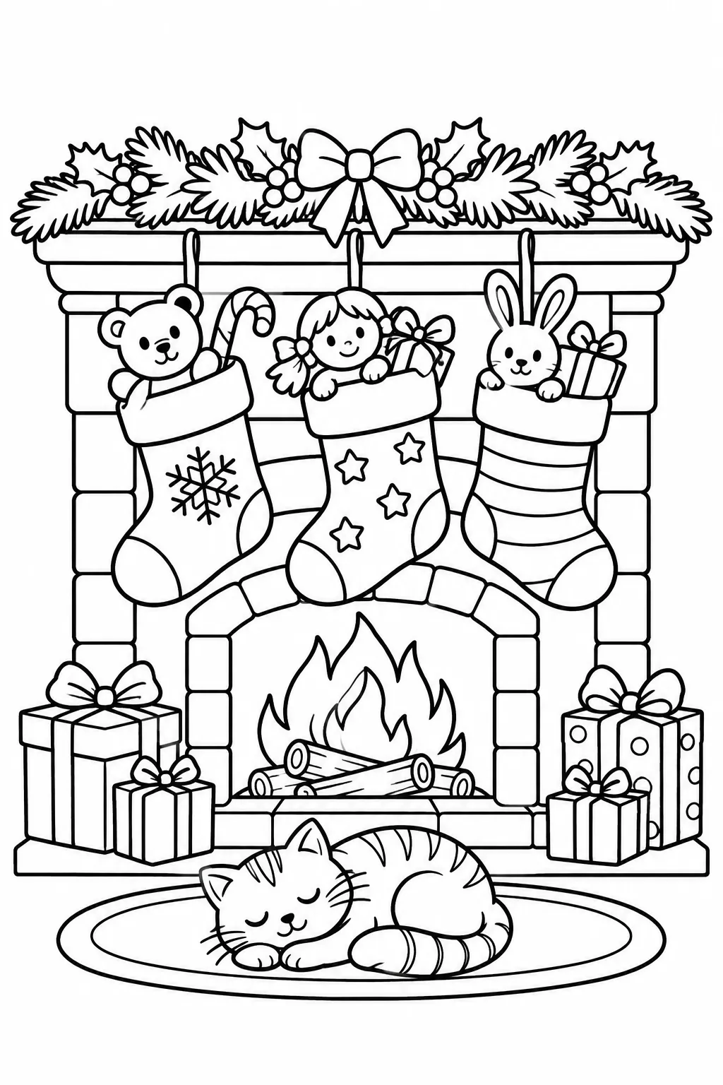 Christmas Stockings by the Fireplace Coloring Page