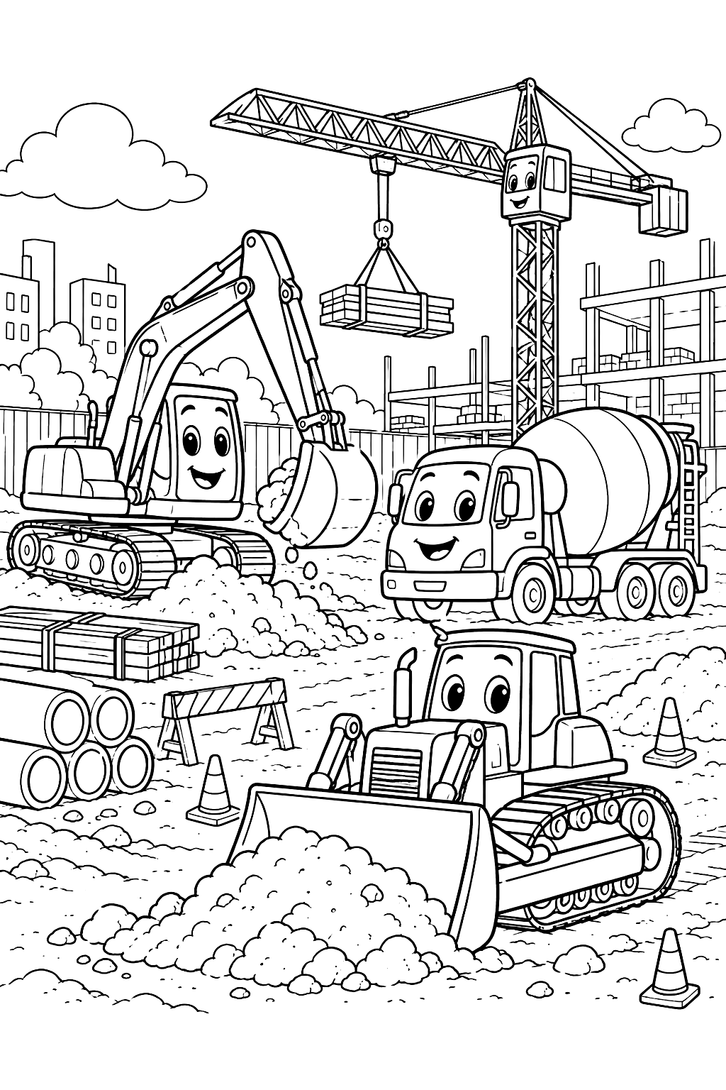Diggers at a Construction Site Coloring Page