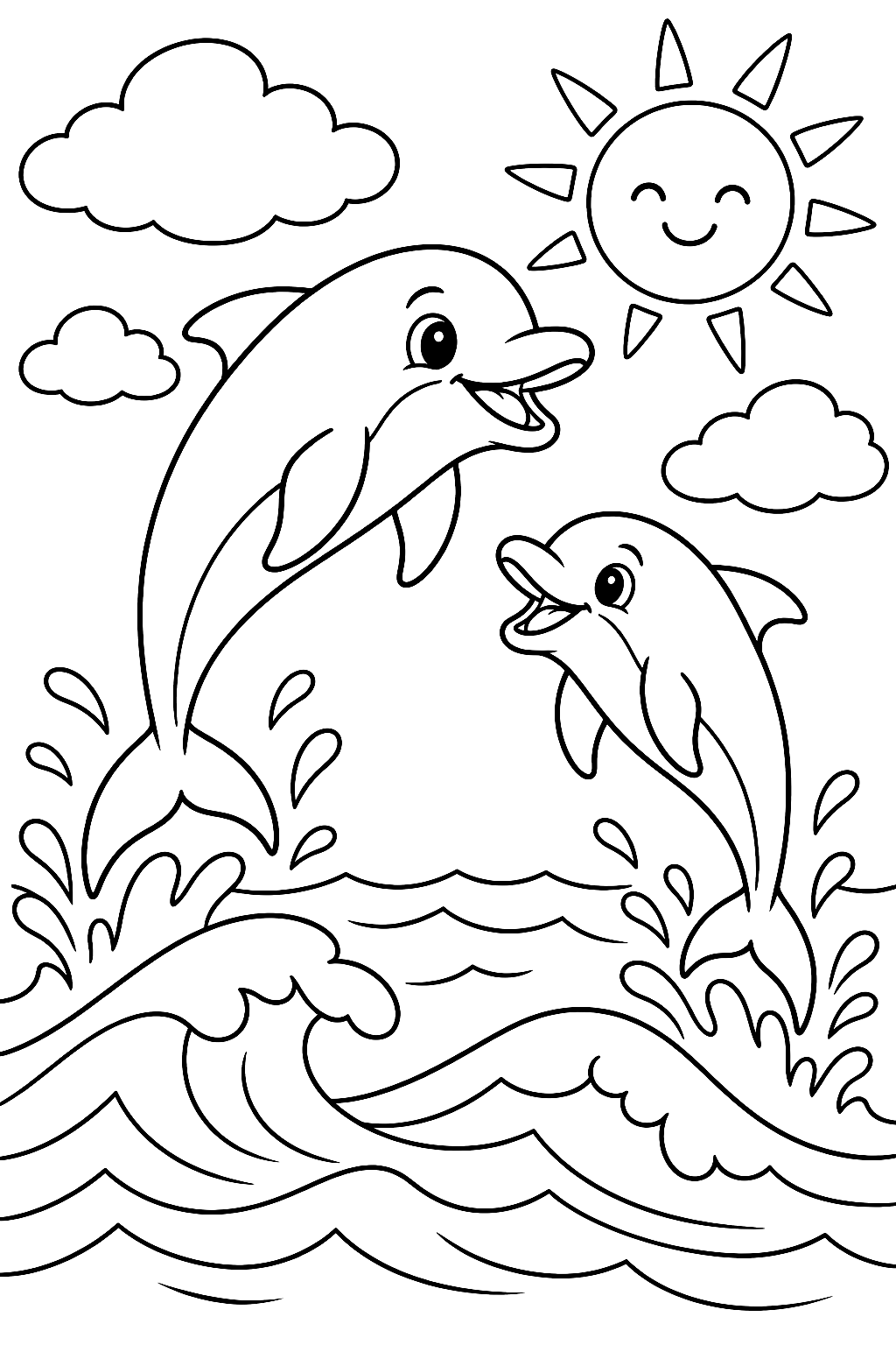 Dolphins Jumping over the Waves Coloring Page