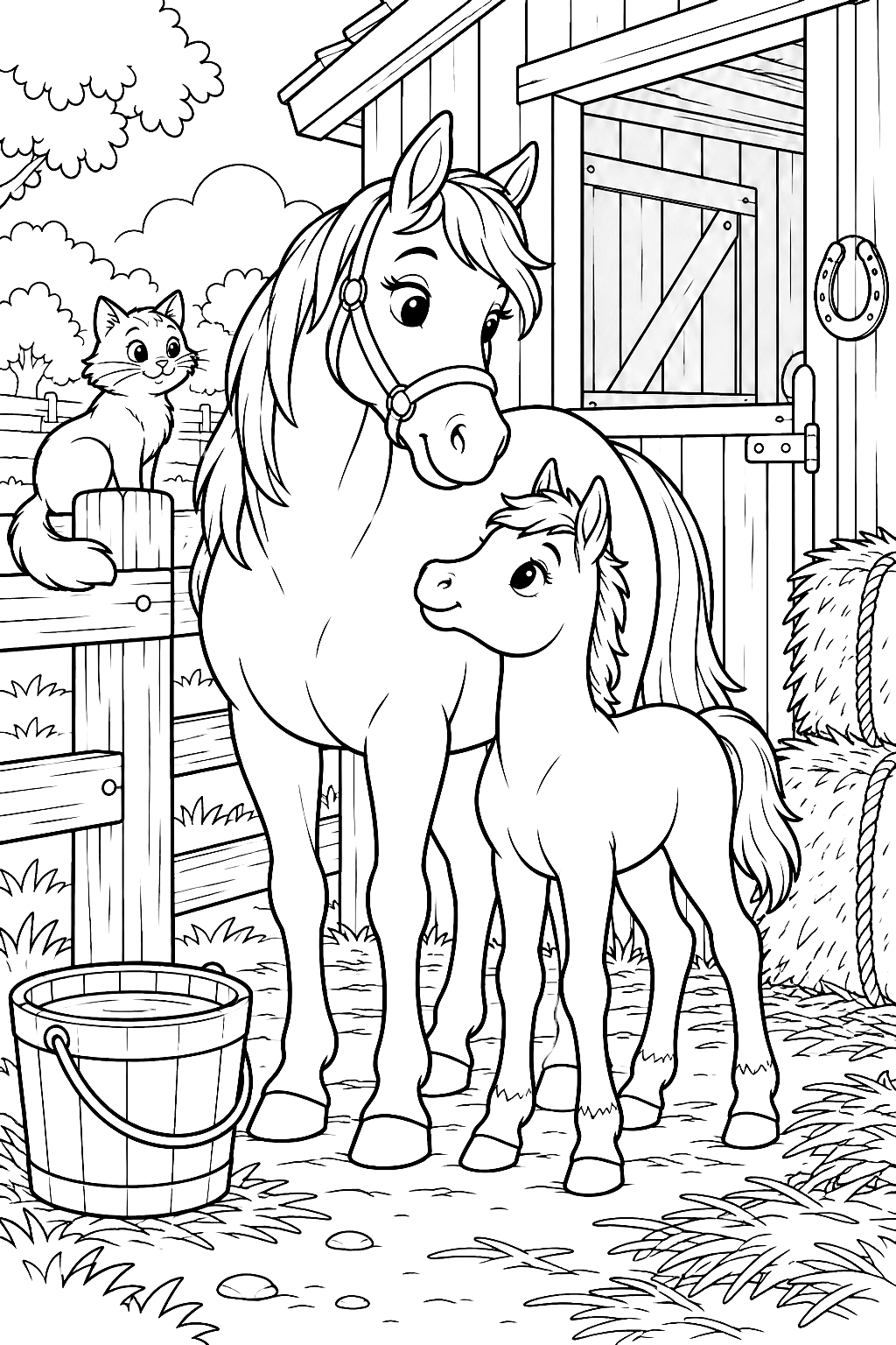 Horse and Foal at the Stable Coloring Page