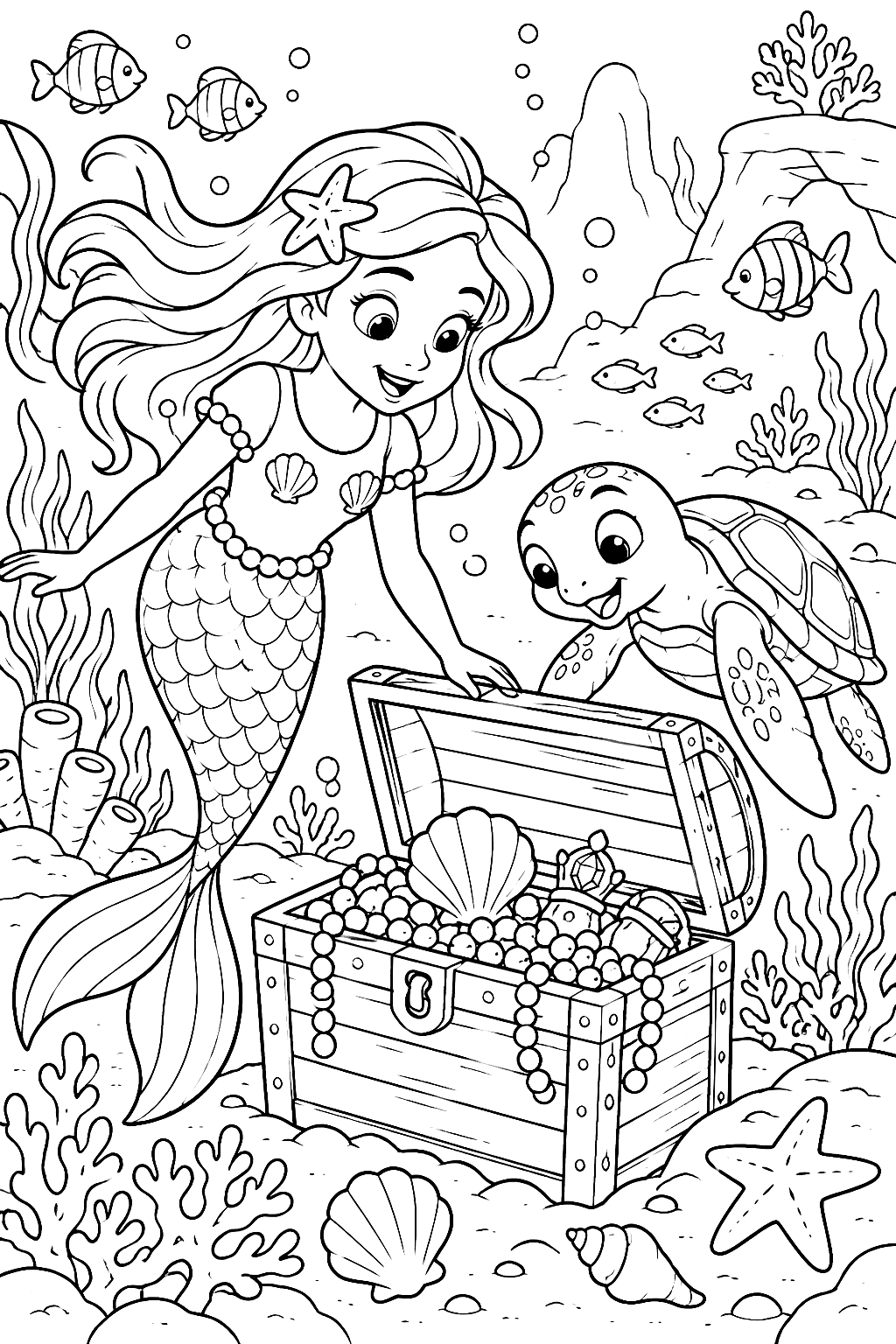 Mermaid and the Treasure Chest Coloring Page