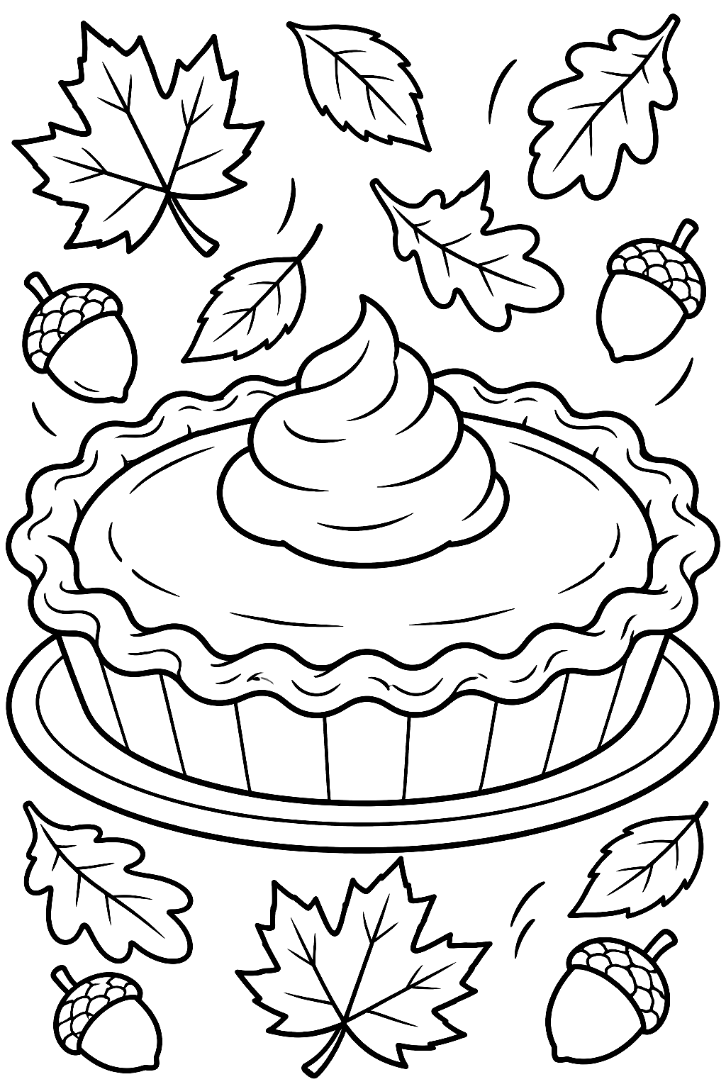 Pumpkin Pie and Autumn Leaves Coloring Page