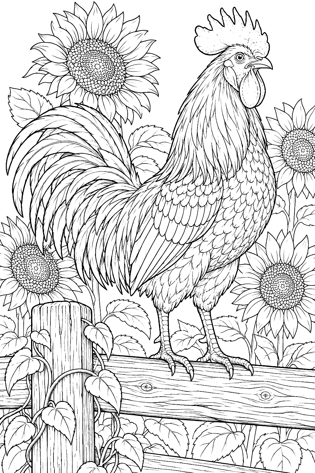 Rooster on the Fence Coloring Page