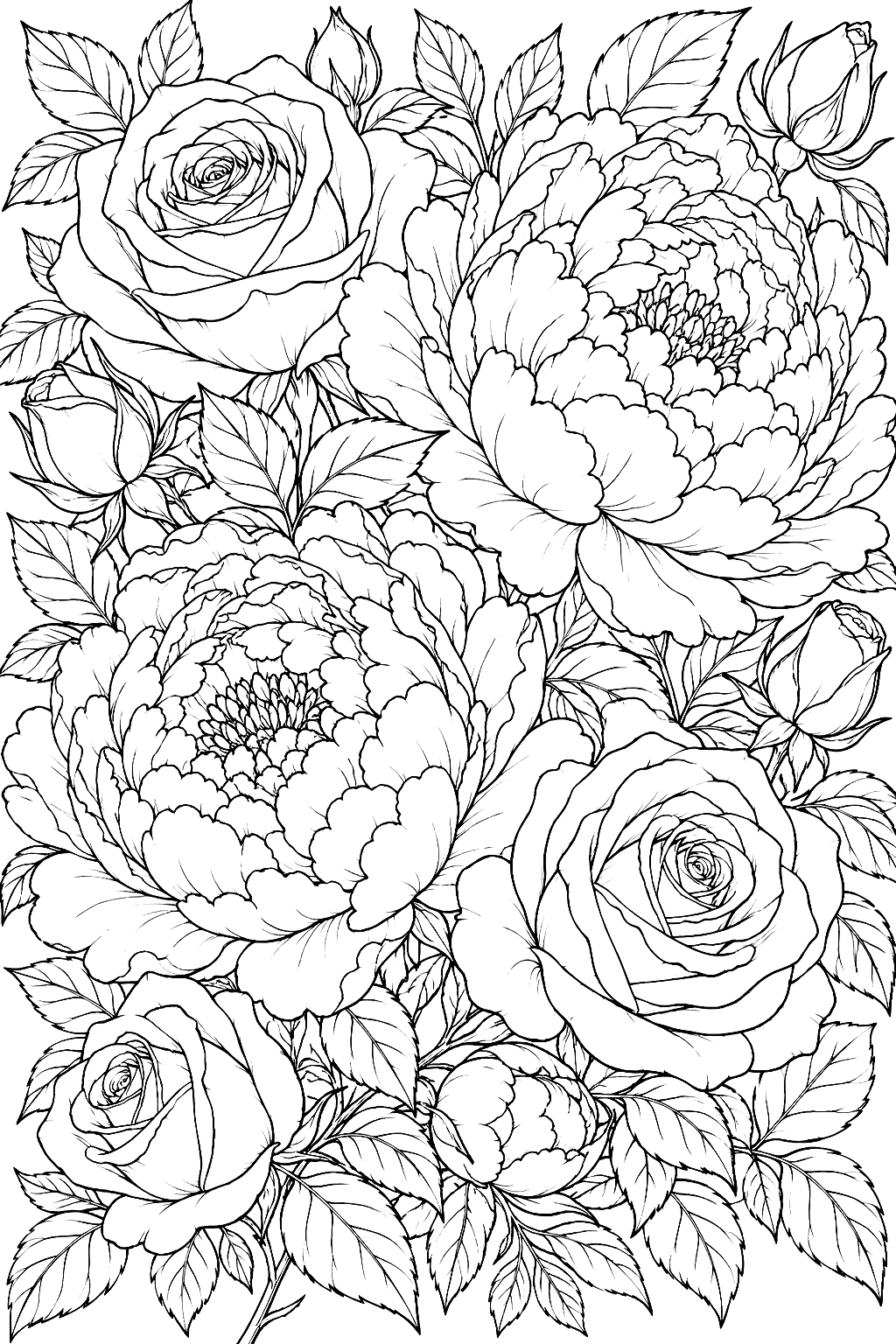 Roses and Peonies Coloring Page