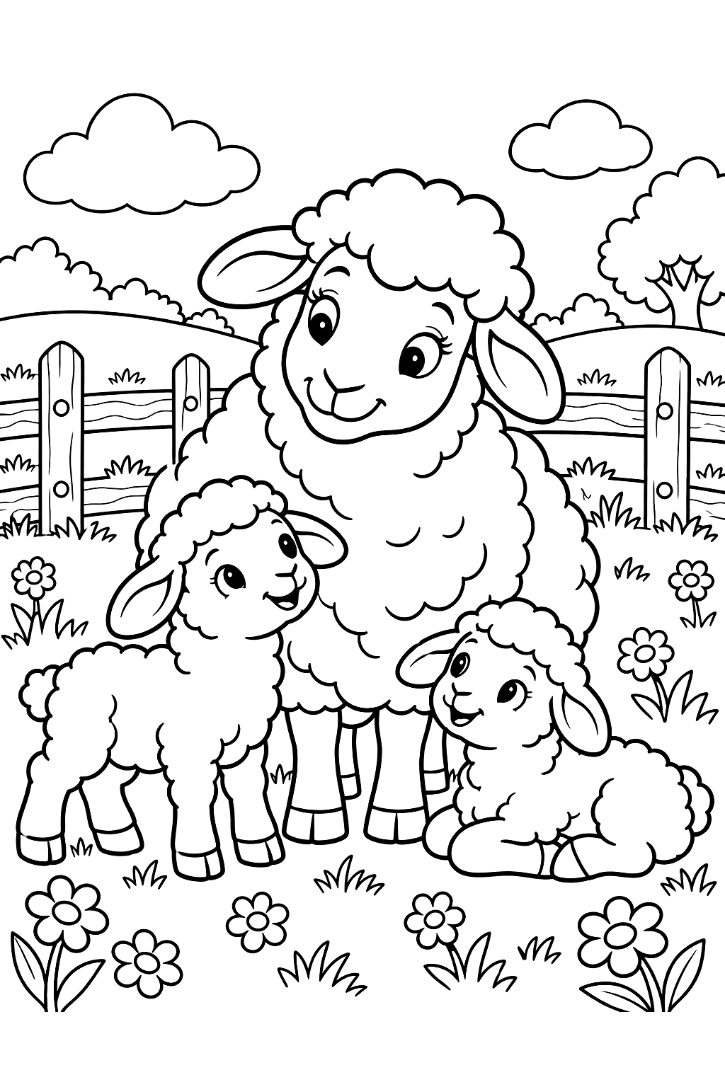 Sheep and Lambs in the Meadow Coloring Page