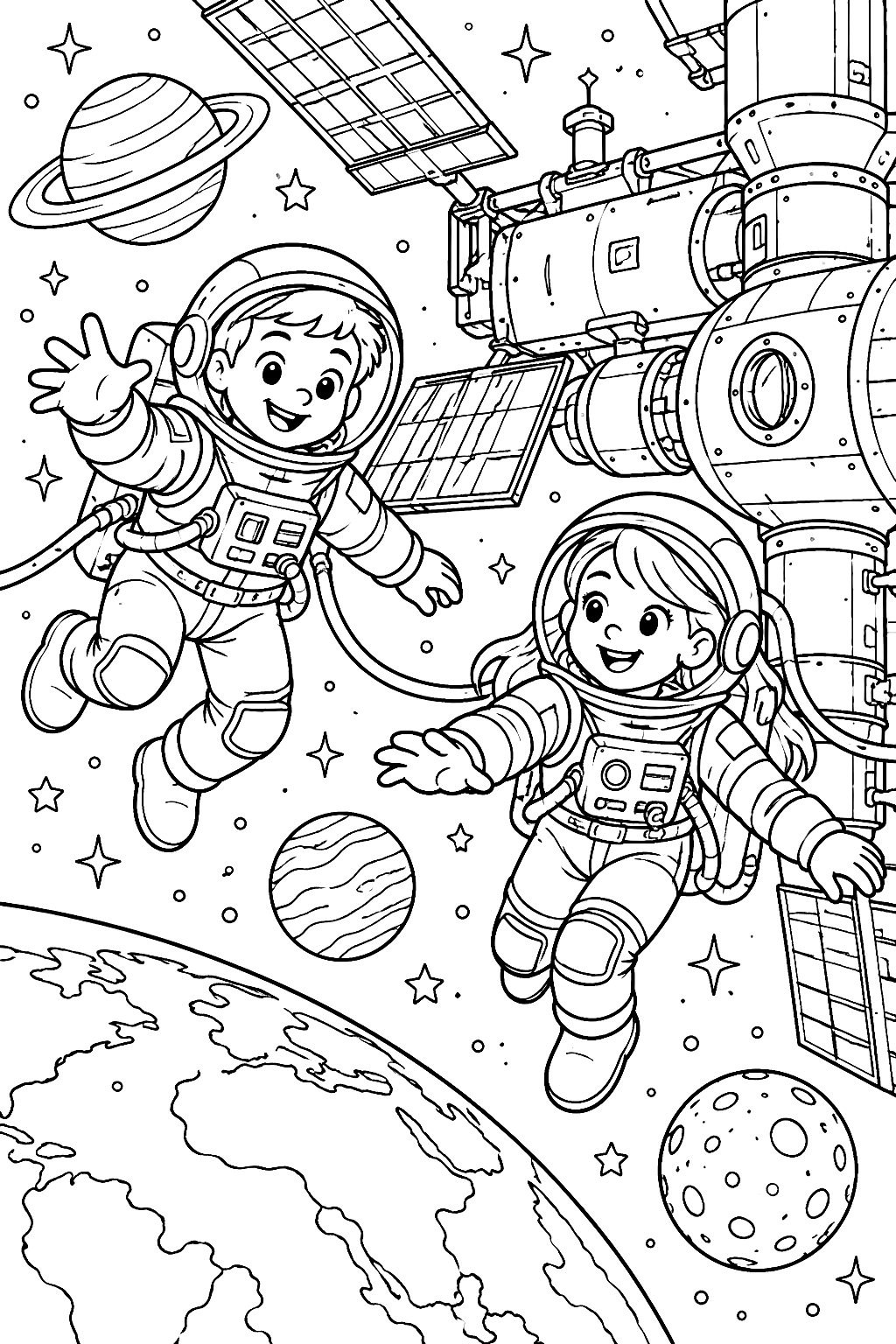 Astronauts at the Space Station Coloring Page